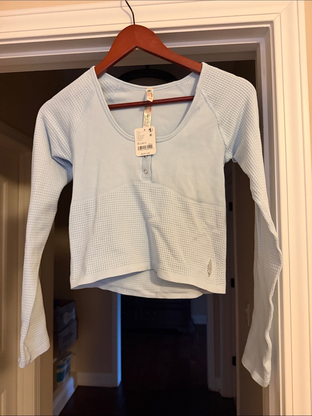 Free People Light Blue Waffle Henley Long Sleeve Top